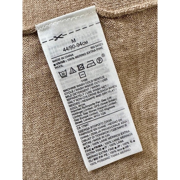 Banana Republic 100% Extra Fine Merino Wool Sweater Tan w/ Green Border Sz M EUC - Picture 4 of 4